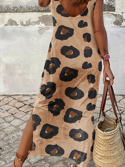 Women’s Plus Size Summer Leopard Print Dress – Woven Solid‑Color Casual Dress for Warm Weather