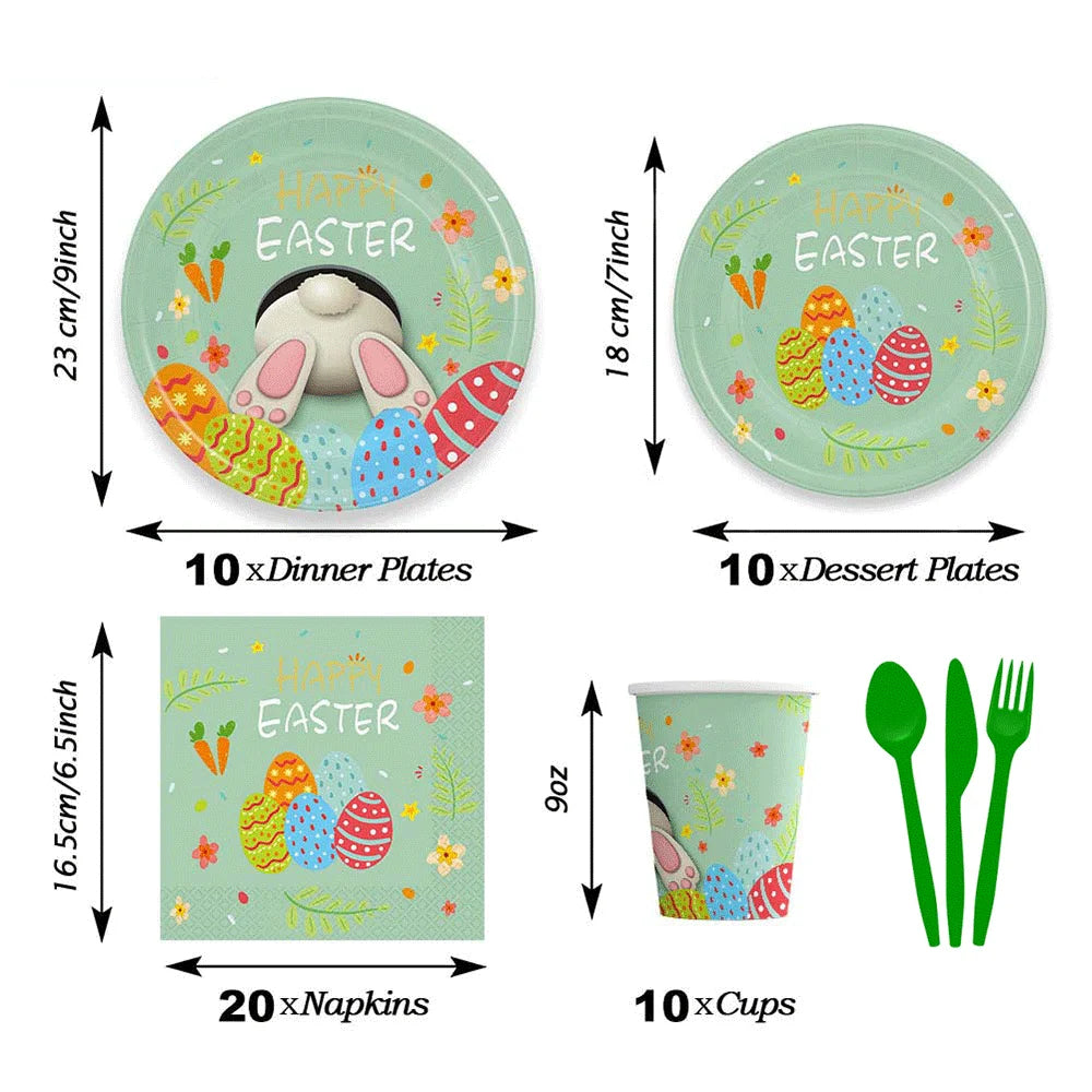Happy Easter Party Decorations – Bunny & Egg Paper Plates with Cute White Rabbit and Carrot Foil Balloons, Kids Party Supplies & Favors