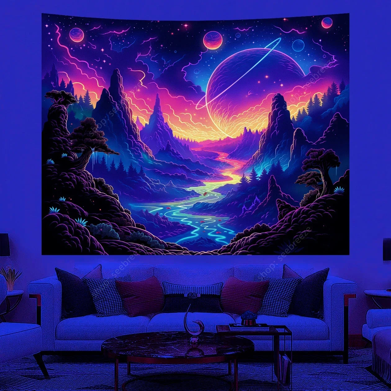 Galaxy Space Landscape UV Reactive Tapestry Trippy Planet Mountain River Neon Art Wall Tapestries for Bedroom Dorm Party Decor