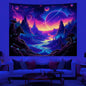 Galaxy Space Landscape UV Reactive Tapestry Trippy Planet Mountain River Neon Art Wall Tapestries for Bedroom Dorm Party Decor