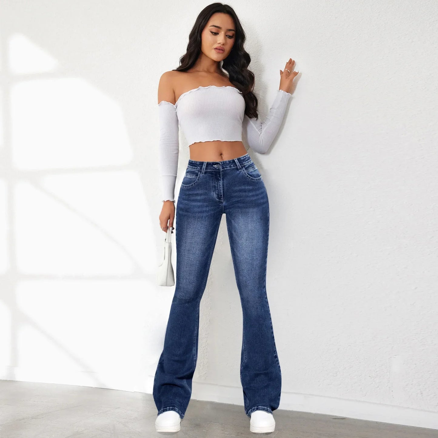Women’s Slim‑Fit Flare Jeans – High‑Waist Denim with Pockets, Ankle‑Length Bootcut Streetwear