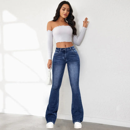 Women’s Slim‑Fit Flare Jeans – High‑Waist Denim with Pockets, Ankle‑Length Bootcut Streetwear