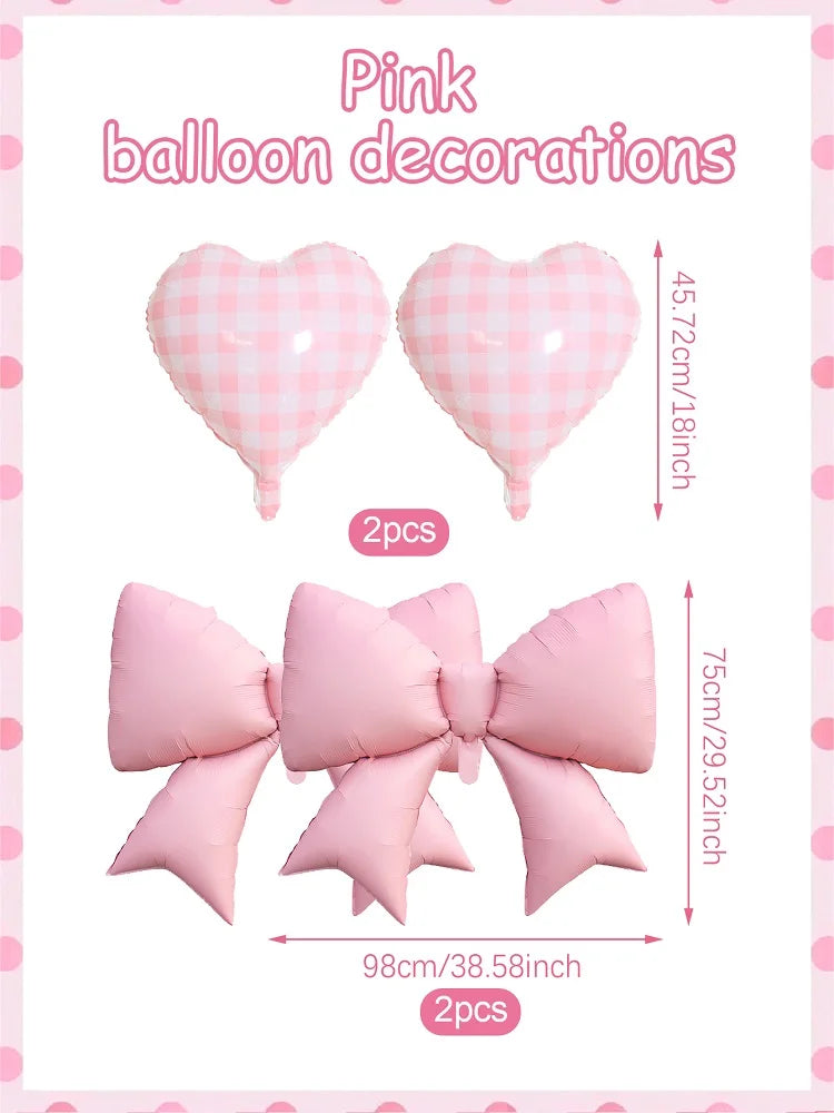 4pcs Pink Bow and Plaid Heart Balloon Set for Birthday , Bridal Gifts, Weddings, Engagements, Anniversaries Decoration