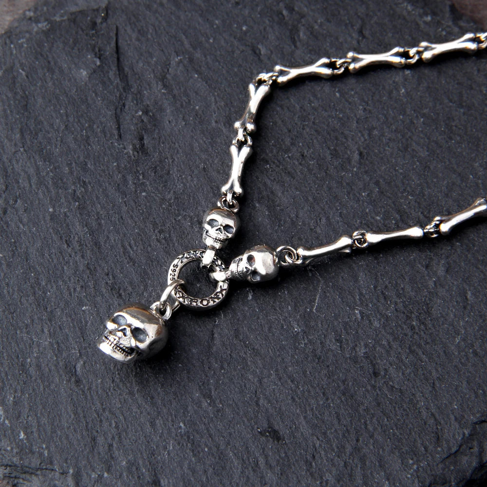 Vintage Gothic Punk Male Female S925 Sterling Silver Skull Chain Necklace for Men Women Jewelry Accessories