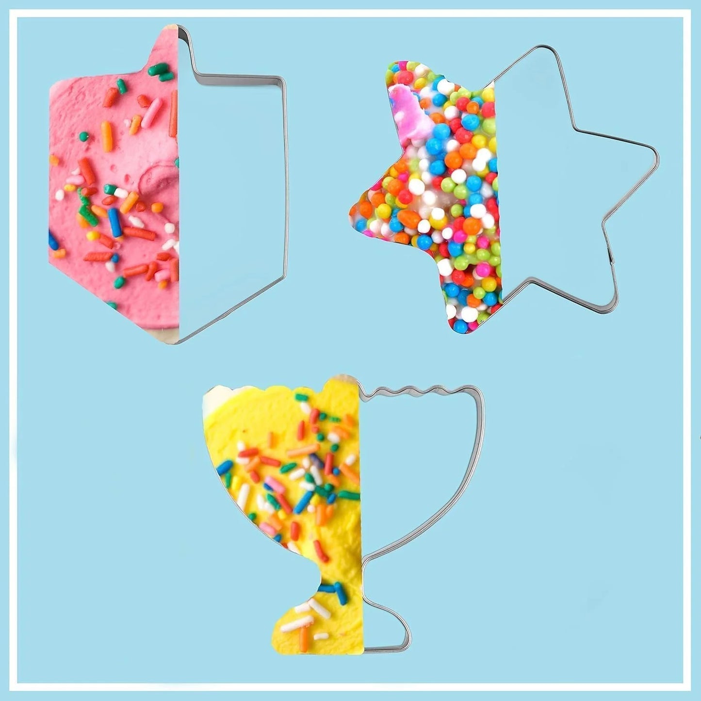 “3‑Pack Hanukkah Cookie Cutters – Menorah, Dreidel & Star Stainless Steel Set