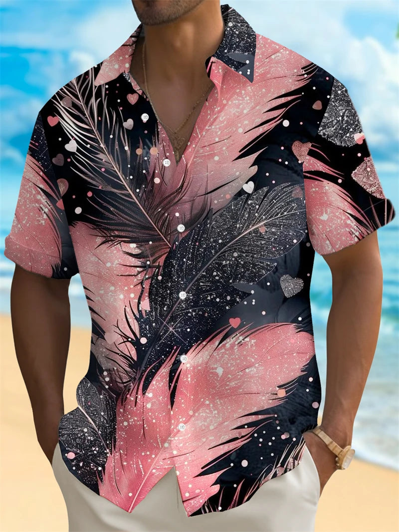 Men's 3D Print Colorful Feather Short Sleeve Turndown Hawaiian Button Up No Pockets Shirts
