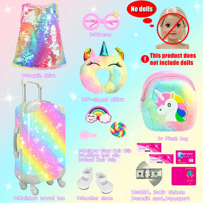 24‑Piece 18" Girl Doll Travel Playset – Clothes, Suitcase, Pillow, Handbag & Accessories (No Doll)