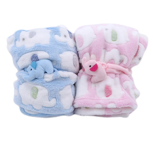 Cartoon Baby Blanket with Cute Elephant Air Conditioning Quilt, Coral Velvet Pillow, Dual Use Baby