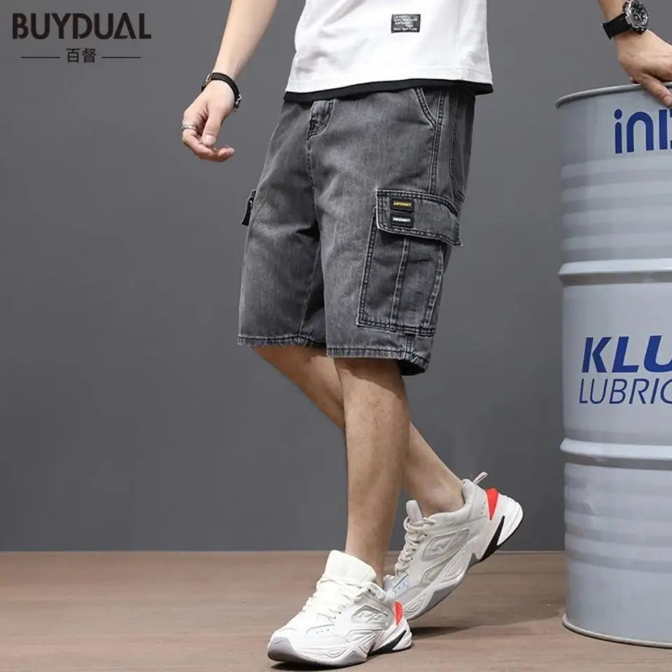 Men's Casual Loose Baggy Cowboy Pants Streetwear Cargo Summer Denim Jeans Straight Knee Length Shorts Male