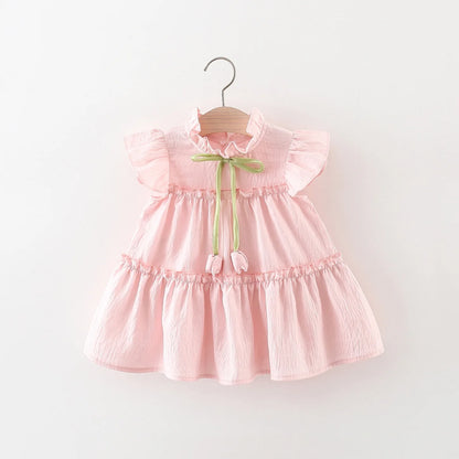 Baby Girl Dress In Summer, Cute Solid Color With Small Flying Sleeves, Sweet Tulip Children'S Princess Dress