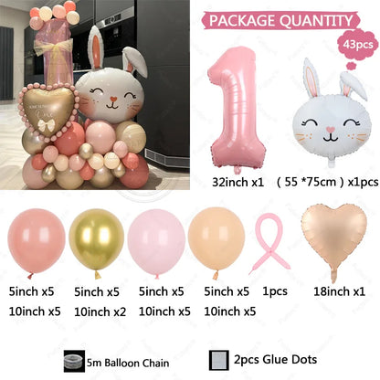 43pcs Rabbit Balloon Set With 32inch 1-9 Pink Number Balloon for Easter Themed Birthday Party Decoration Kids Toys Helium Globos