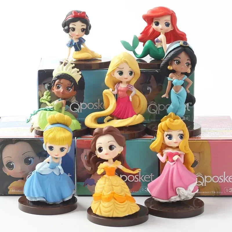 5-8cm 8pcs/set Q Posket Princess Tiana Snow White Rapunzel Ariel Cinderella Belle Mermaid PVC Action Figures Model Toys