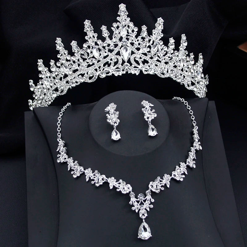 Luxury Silver Color Opal Water Drop Crown Bridal Rhinestone Tiaras and Necklace Earrings Jewelry Set