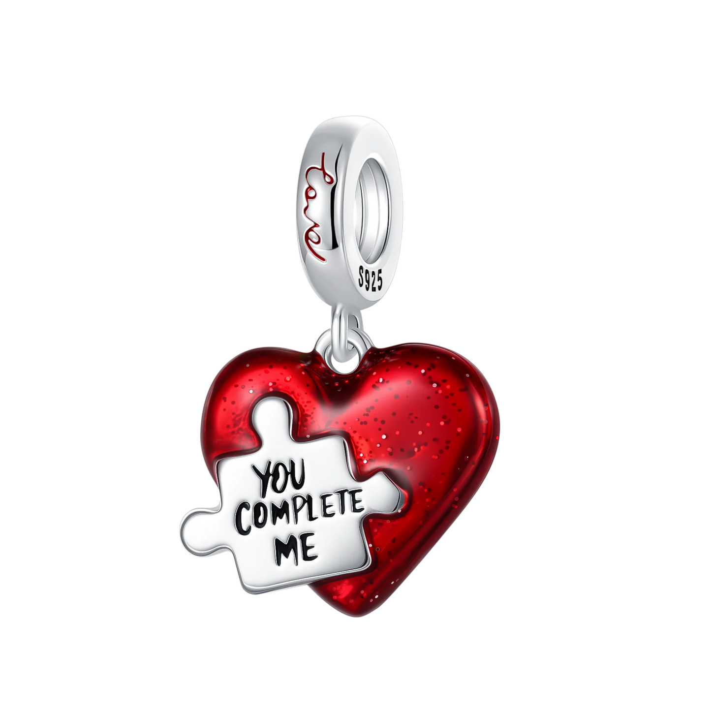 925 Sterling Silver Unique Red Puzzle Heart Dangle Charm Valentine's Day Pendant Fit Original Bracelets Women DIY Jewelry Gift