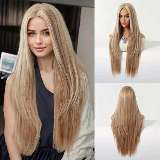 Long Straight Blonde Synthetic Wigs highlight Golden Hair Natural Female wig Middle Part Wigs For Cosplay Party Heat Resistant