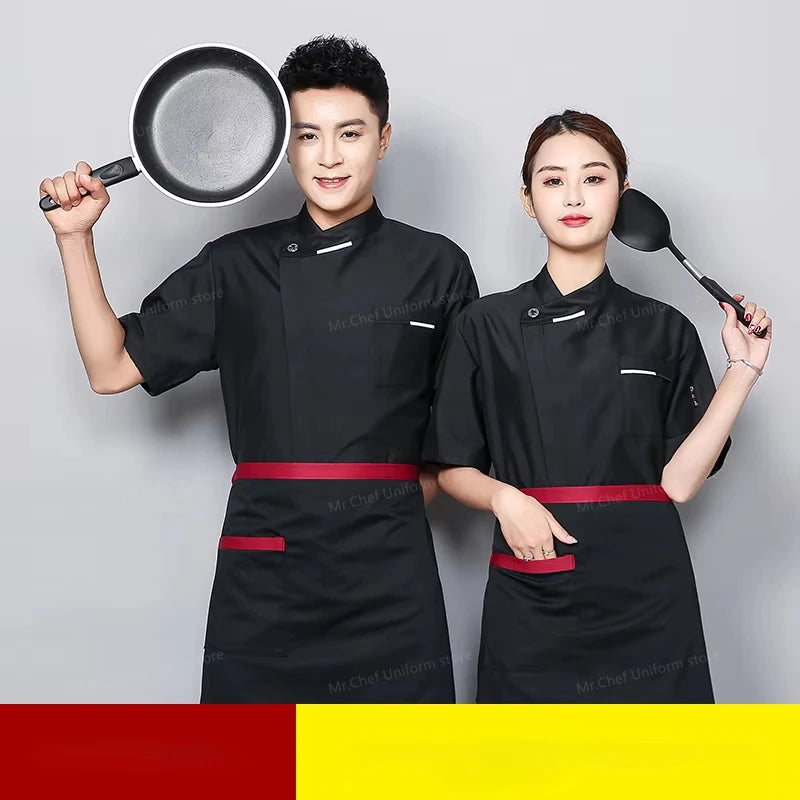 White Chef Jacket short Sleeve Head Chef Uniform Restaurant Hotel Kitchen Cooking Clothes Catering Foodservice Chef Shirt Apron