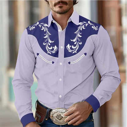 Men’s Retro Western Shirt – Long Sleeve Stretch Top (S–5XL)