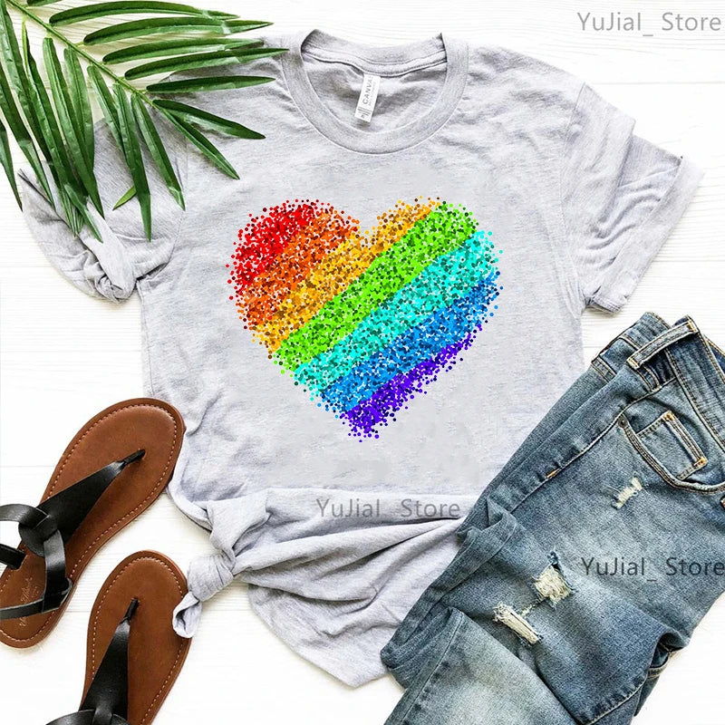 Rainbow Heart Print Lgbt T Shirt Summer Top Female T-Shirt Cute Girl Tumblr Clothes Tee Shirt Femme Streetwerar 90s 00s Tshirt