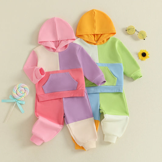 Toddler Baby Girls Fall Outfit Loose Fit Contrast Color Long Sleeve Hoodie and Pants 2Pcs Set