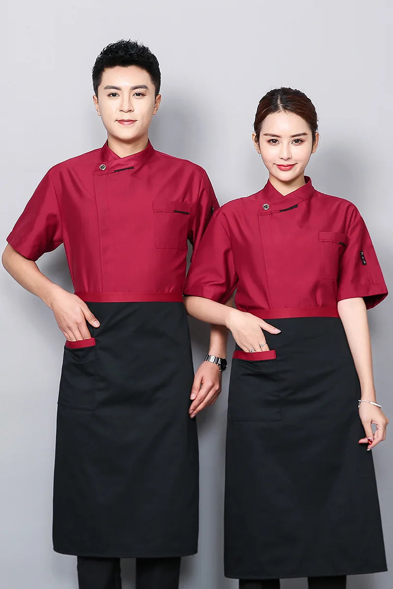 White Chef Jacket short Sleeve Head Chef Uniform Restaurant Hotel Kitchen Cooking Clothes Catering Foodservice Chef Shirt Apron