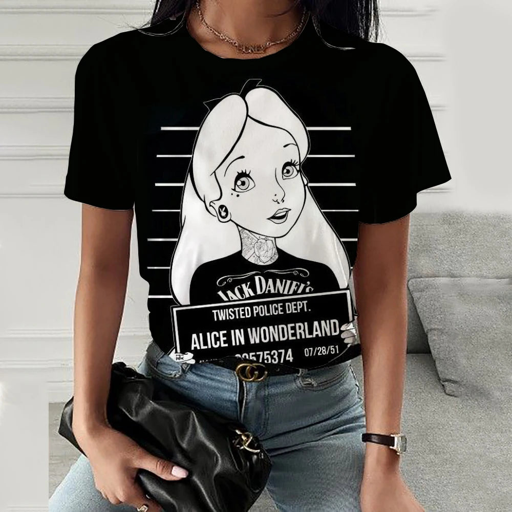 Disney Princess Cartoon Printed Women T-shirt  Short Sleeve Casual Round Neck