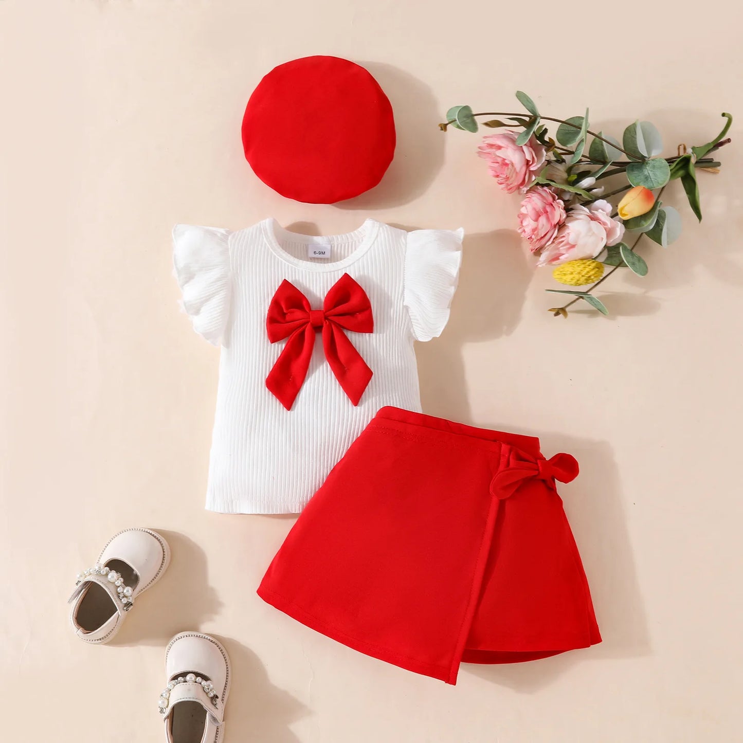 Baby Girls Clothes New Year Set 0-3Y Long Sleeve Big Bow Top Irregular Skirt and Beret 3Pcs Toddler Christmas Clothes