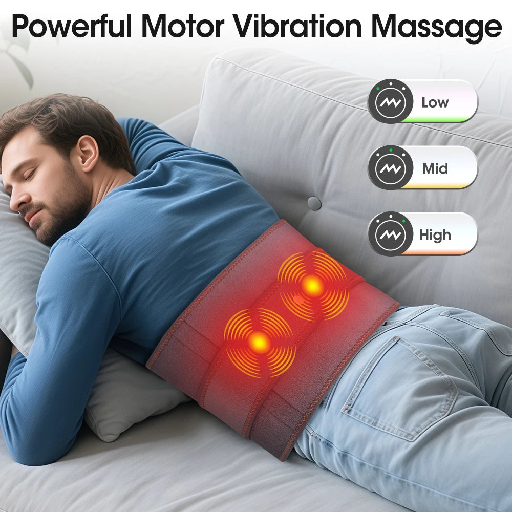 Man using a back massager with vibration levels displayed on a bed.