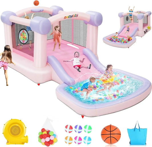 Bounce House with Ball Pit, Inflatable Bouncy House for Kids All in One Jumping Castle, Wide Slide, Ball Pool, Basketball Hoop,