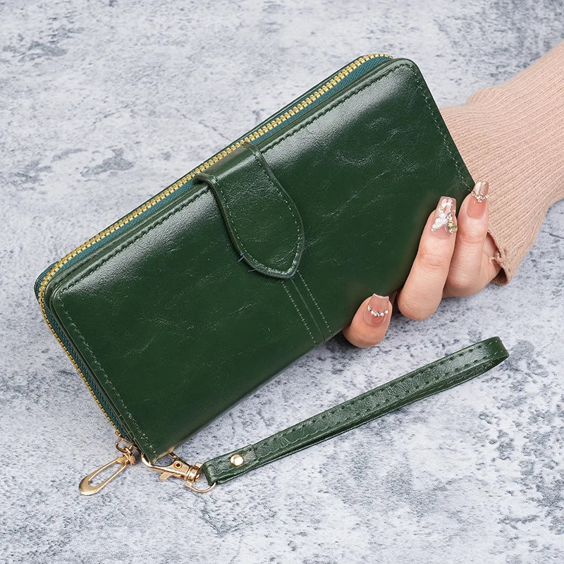 Hot selling cross-border oil wax zipper wallet for women, European and American retro card bag, large capacity mobile phone bag,