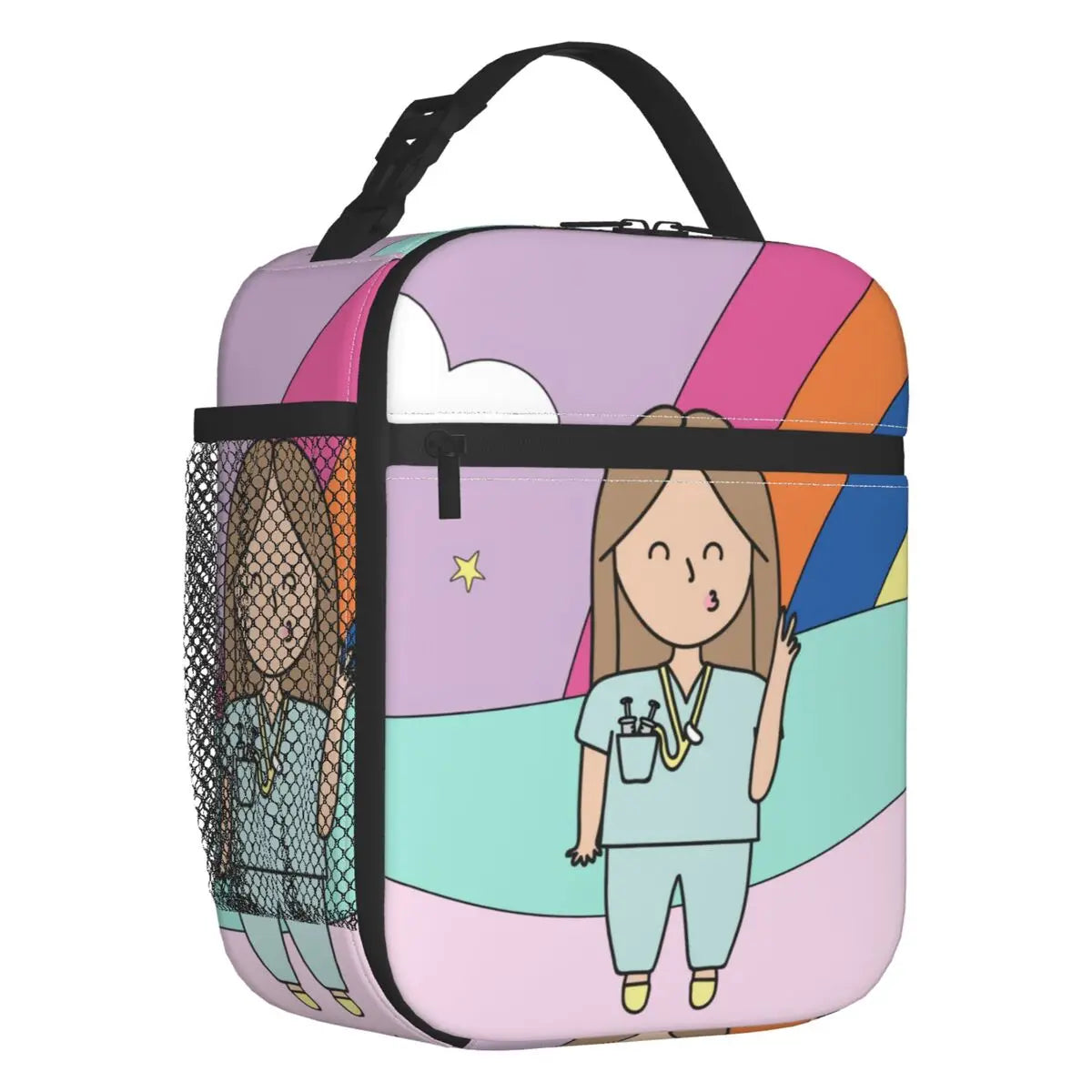 Custom cartoon-printed lunch bag featuring ladies, nurses, and doctors. Thermal insulated, reusable, and multifunctional, perfect for kids' food bento boxes.