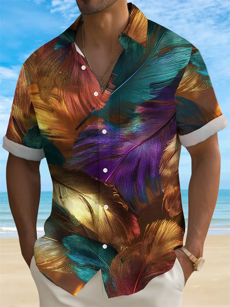 Men's 3D Print Colorful Feather Short Sleeve Turndown Hawaiian Button Up No Pockets Shirts