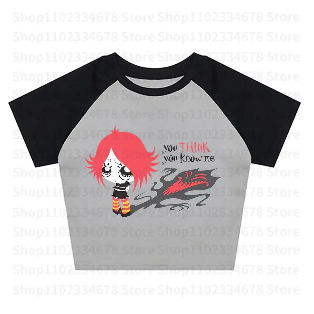 Harajuku Goth Short Sleeve Y2K Style Letter Print Fairy Grunge Summer E-girl White Crop Top Slim 2000s Star Streetwear T-shirts