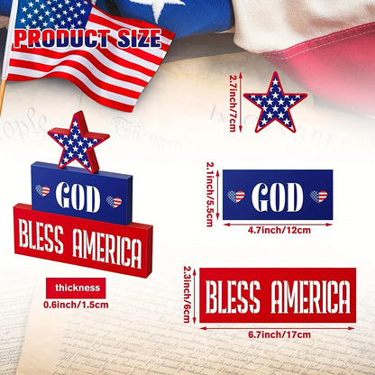 3Pcs 4th of July Patriotic Decorations GOD BLESS AMERICA Wooden Signs, Fourth of July Red White Blue Decorations for Memorial