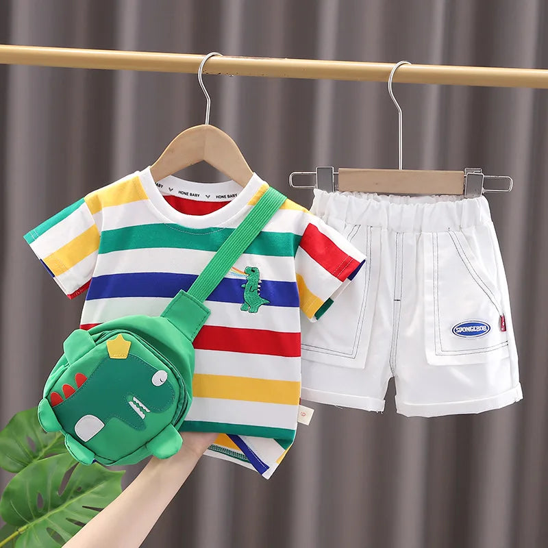 Summer Cute Cartoon Dinosaur Fashion Children O-neck T-shirt+Shorts+Bag Set