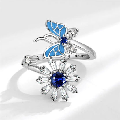 Fashion Beads Anxiety Fidget Spinner Rings Korea Crystal Butterfly Flower Star Moon Ring Anti Stress Jewelry Gift