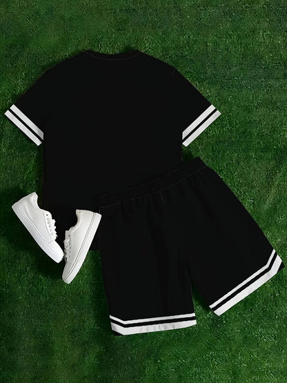 Men's Summer Letter Printed Comfortable Breathable Round Neck T-shirt Shorts Set Outdoor Casual Clothing