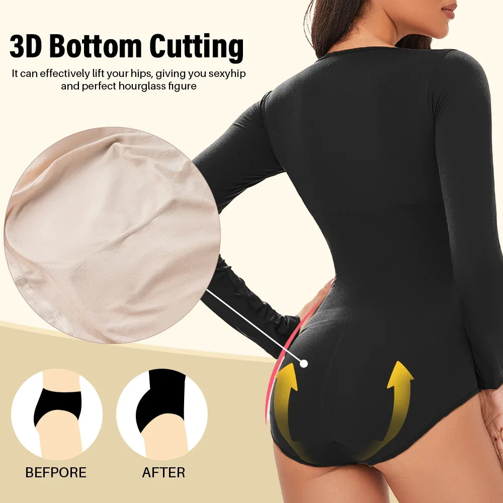 Womens Spandex Elastic Body Suit   Tummy Control Long Sleeve Shapewear Open Crotch