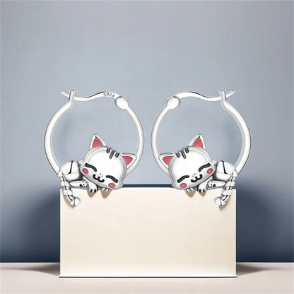 925 Sterling Silver Hoop Earrings Simple Sleeping Cat Earrings For Engagement Wedding Party Birthday Jewelry Gift