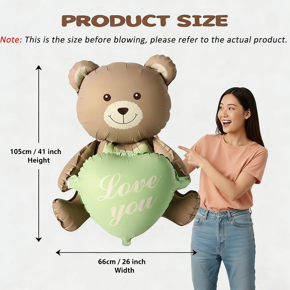 Matte Pink Brown Lying Bear Foil Balloons Love Heart Balloon for Valentines Day Decoration Bear Themed Birthday Wedding Supplies