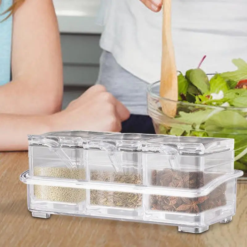 3 Grids/4 Grids camping Condiment Organizer Jars Clear Condiment Salt Storage Canisters Acrylic Kitchen Condiment Jar With Spoon