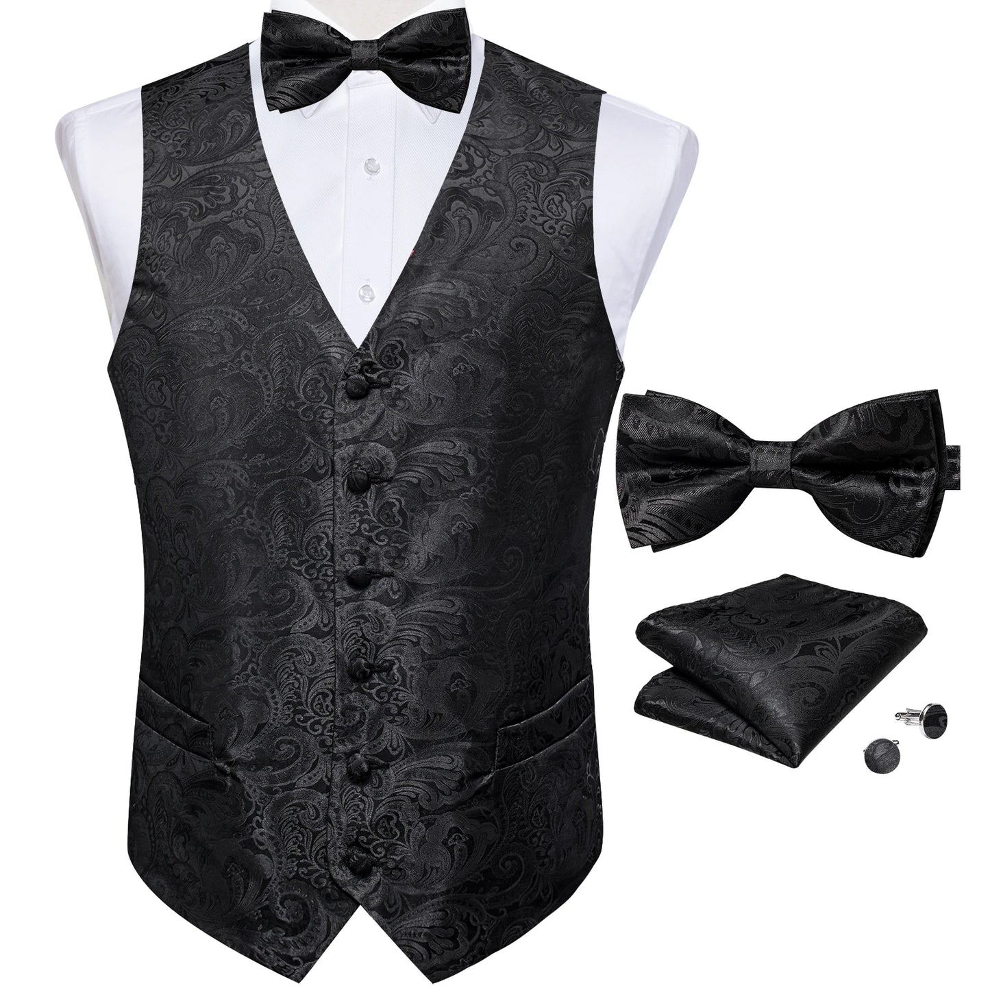 Suit Vest With Bow Tie Pocket Square Cufflinks Tuxedo Waistcoat for Men