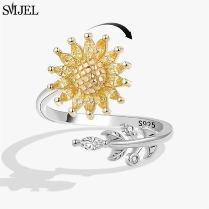 Korean Fashion Daisy Spinner Fidget Ring Multiple Style Sunflower Rose Snowflake Rotate Freely Anti Stress Anxiety Rings Wedding