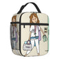 Custom cartoon-printed lunch bag featuring ladies, nurses, and doctors. Thermal insulated, reusable, and multifunctional, perfect for kids' food bento boxes.