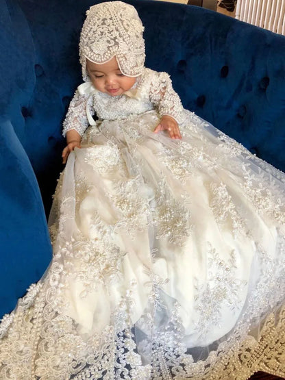 Customized Baby Baptism Dress Flower Girl Dress Pearls Floral Appliques Long Sleeve Wedding Birthday Party Holy Communion Gown