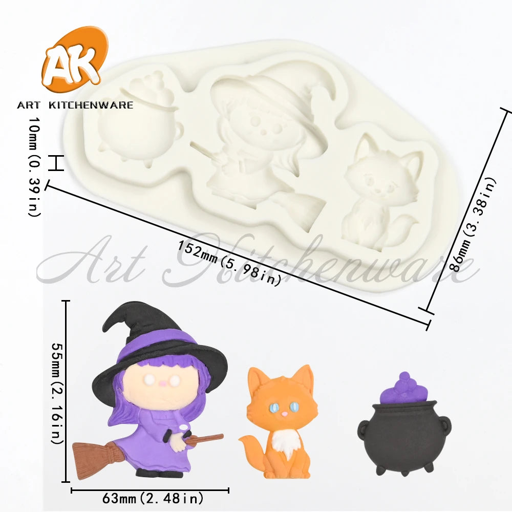 Halloween Witch & Cat Silicone Mold – Fondant, Chocolate & Cake Decorating Tool