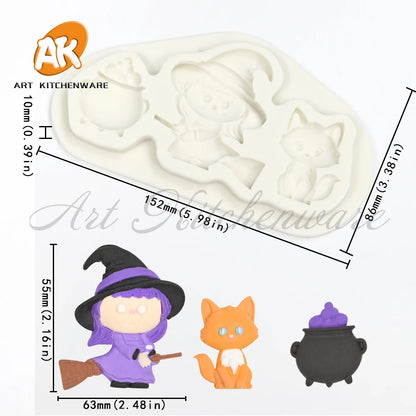 Halloween Witch & Cat Silicone Mold – Fondant, Chocolate & Cake Decorating Tool
