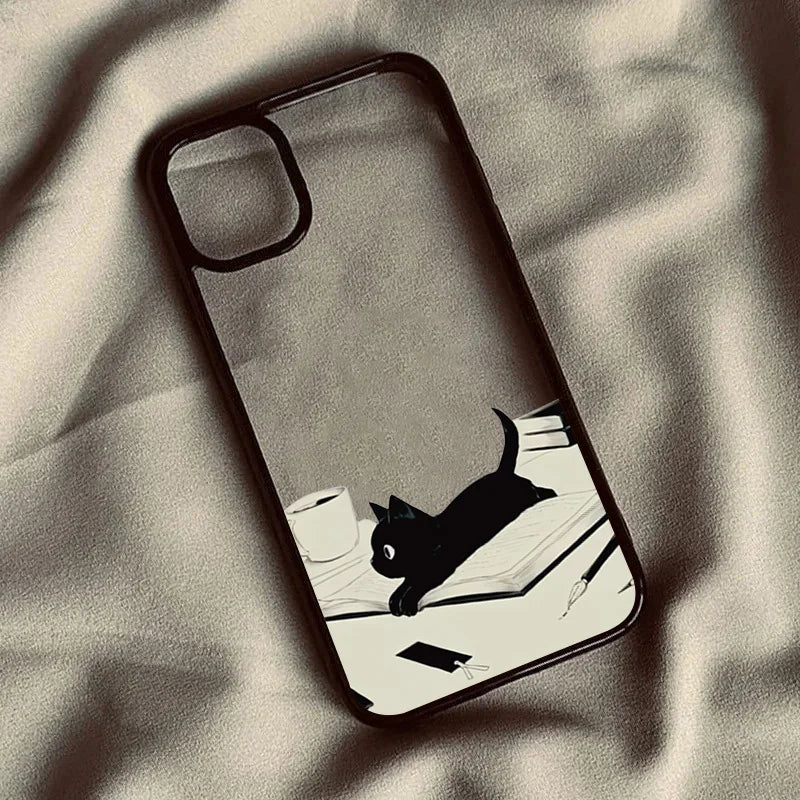 Cute Black Cat Pattern Hard Clear Phone Case For iPhone 15 16 Pro Max Plus 14 13 12 11 Pro  XR X XS Max Plus SE2 Cover
