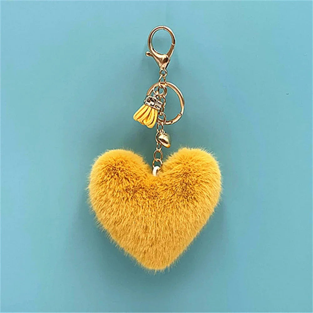 Rainbow Heart Pompom Keychain – Colorful Plush Ball Tassel Bag Charm for Women