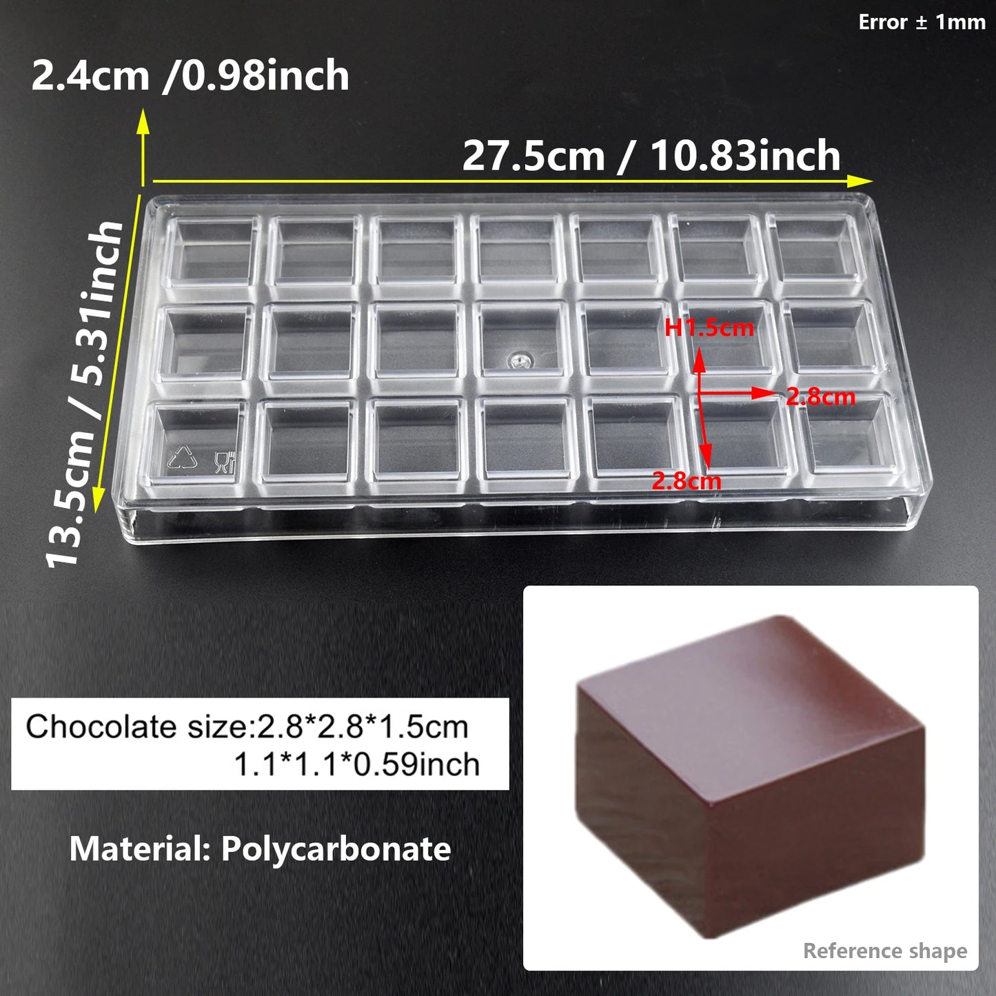 1Pcs Chocolate Mold Polycarbonate Dubai Cube Shape Candy Confectionery Mold Baker Pans Trays Baking Pastry Tools