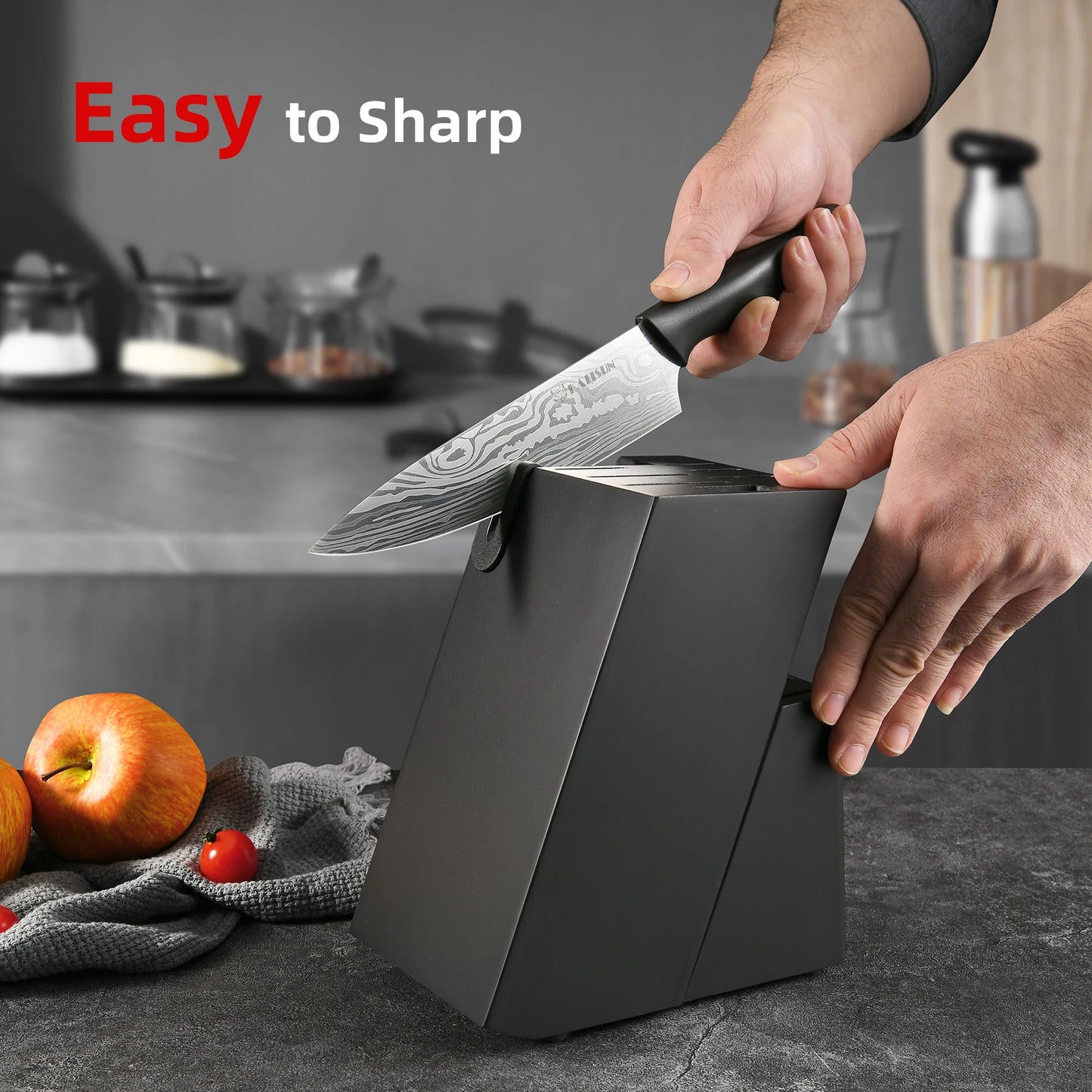 15 Pieces Damascus Pattern Kitchen Knife Block Set, Ergonomic Black Anti-Slip Handle with Red Trim, Includes Sharpener